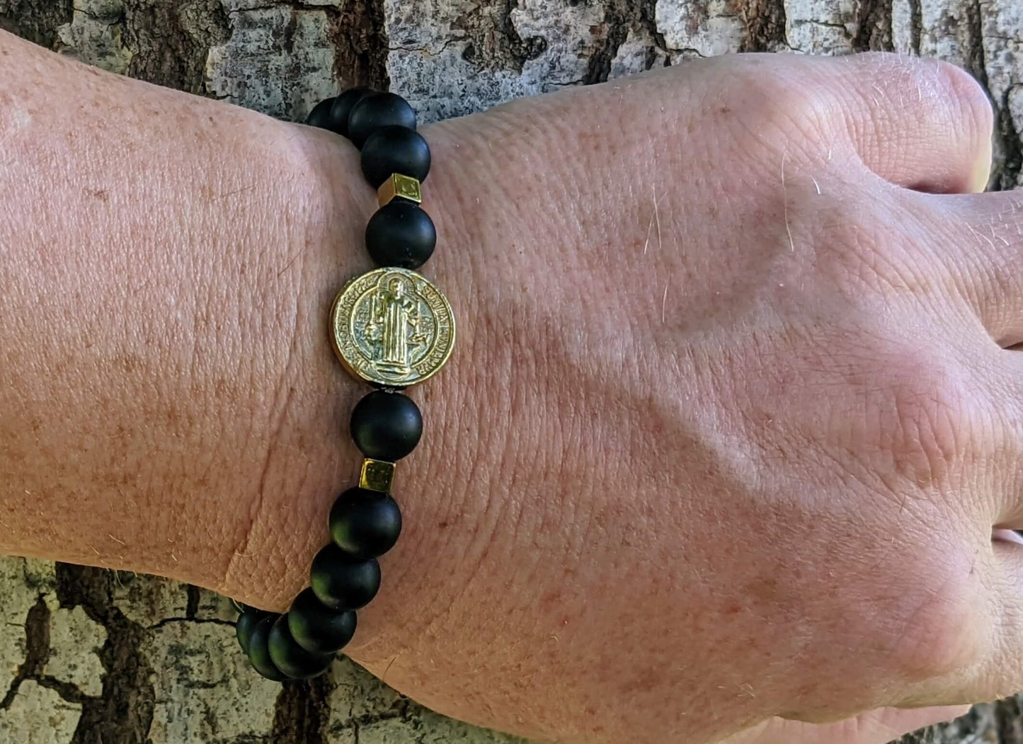 Black Onyx (8mm Bead Size) with Large Saint Benedict