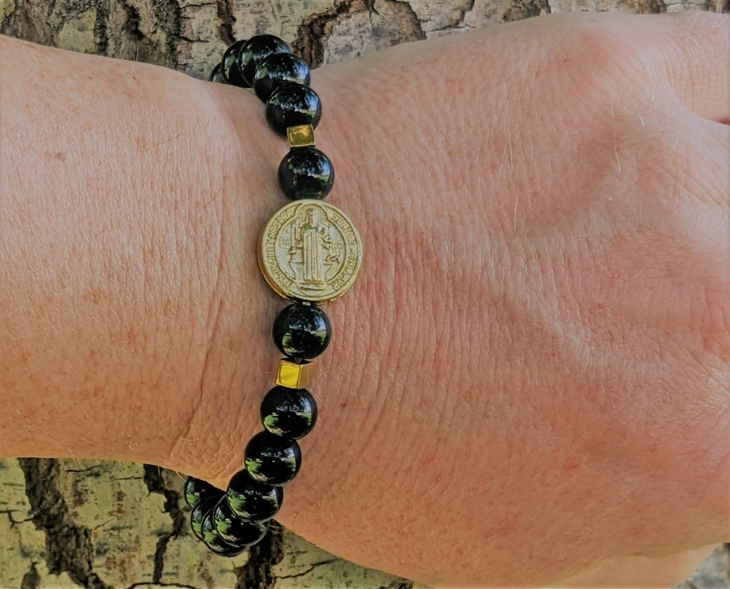 Black Onyx Polished (8mm Bead Size) with Large Saint Benedict