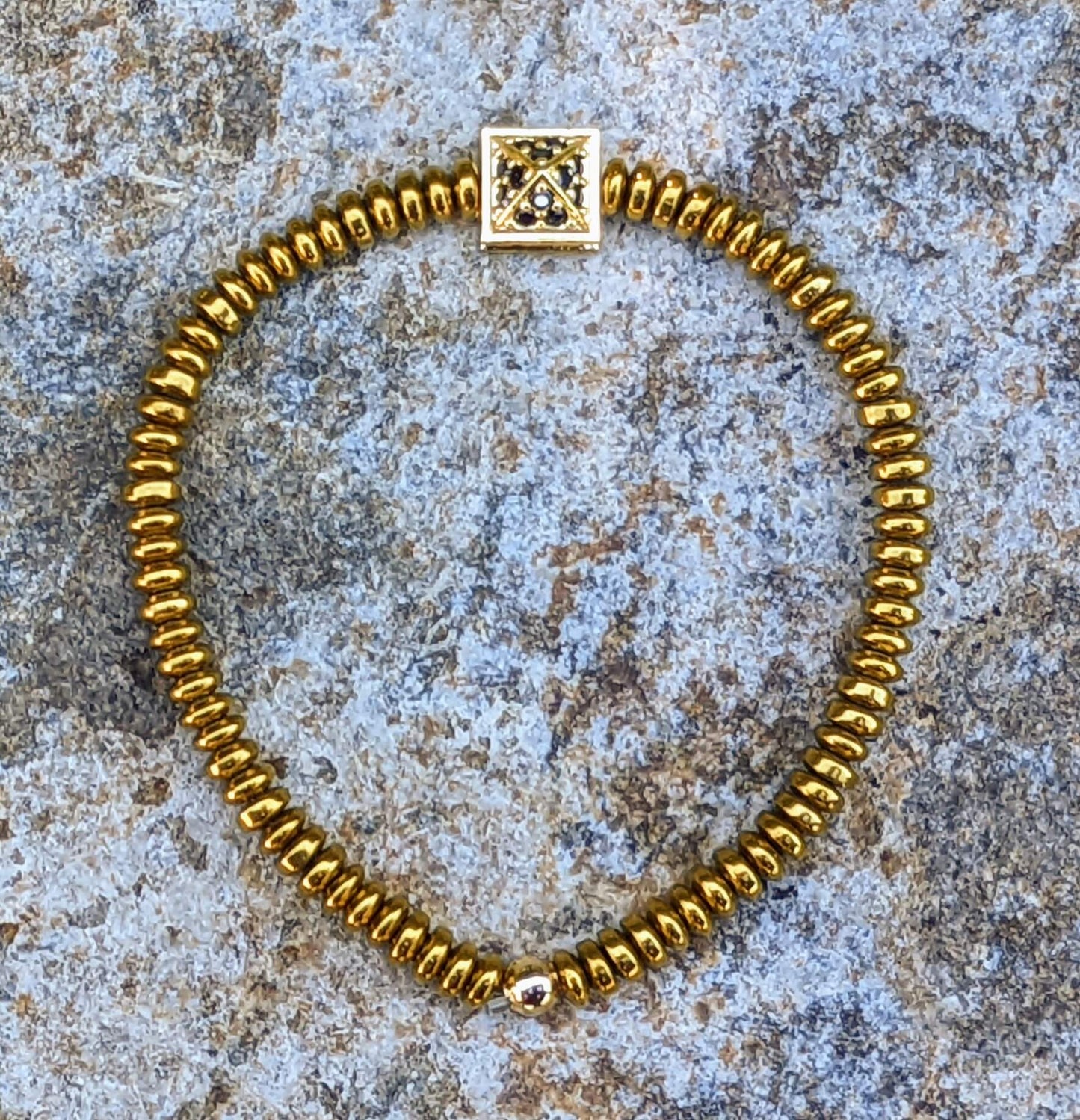 Gold and Black Zirconia Pyramid with Golden Hematite Discs