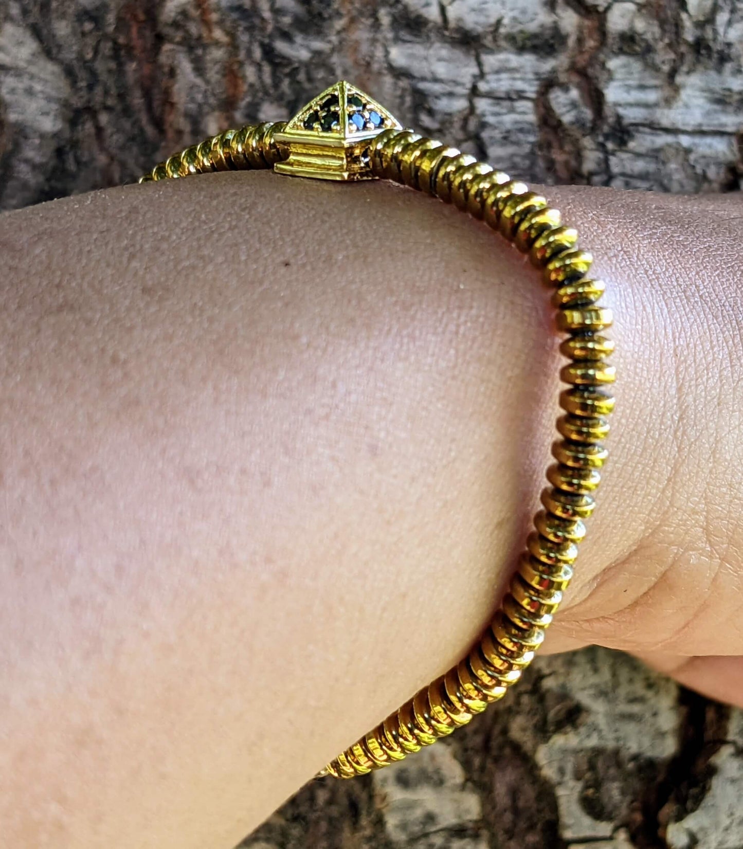 Gold and Black Zirconia Pyramid with Golden Hematite Discs