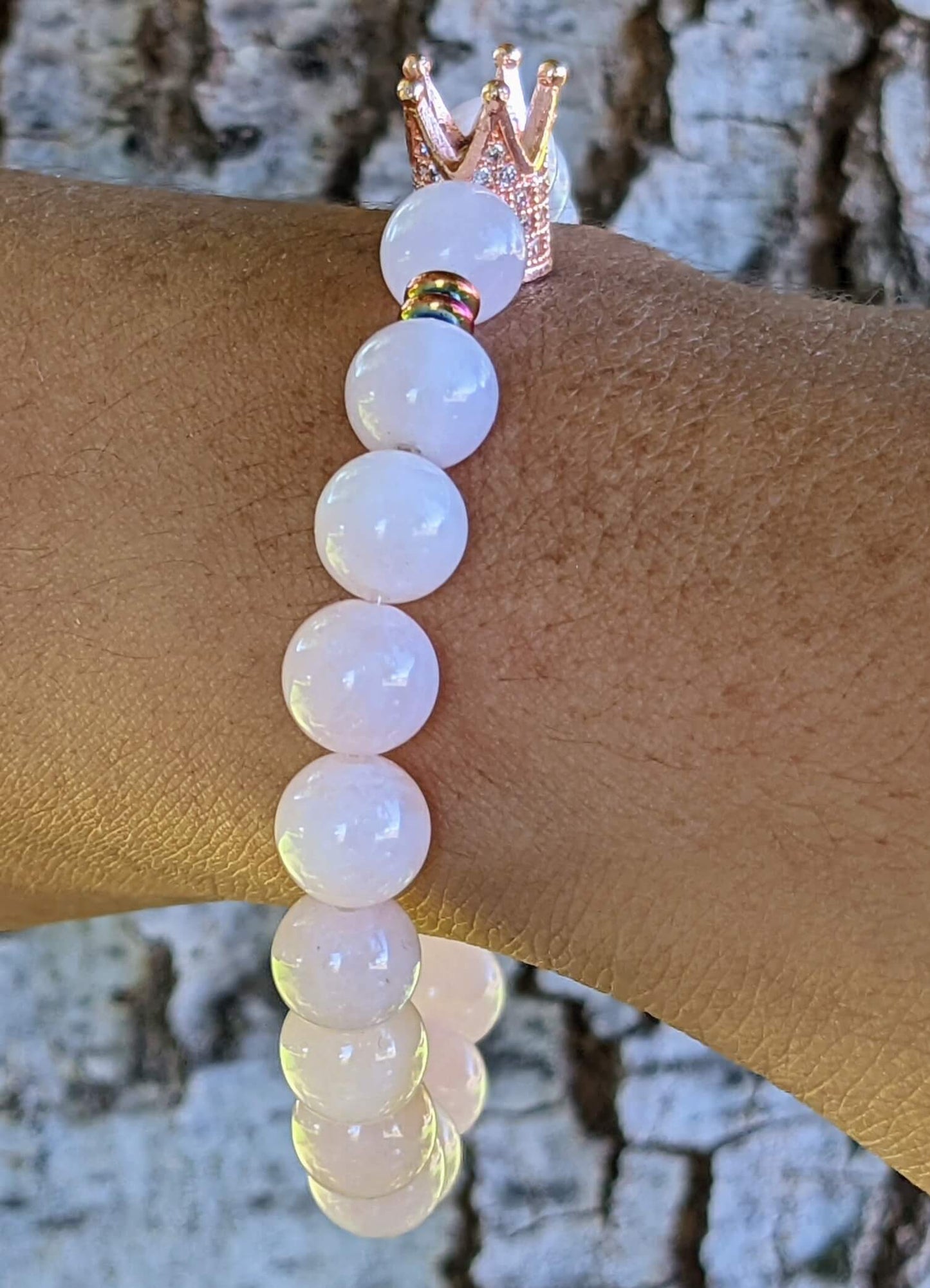 Rose Gold Zirconia Crown with Rose Quartz and Hematite Spacers