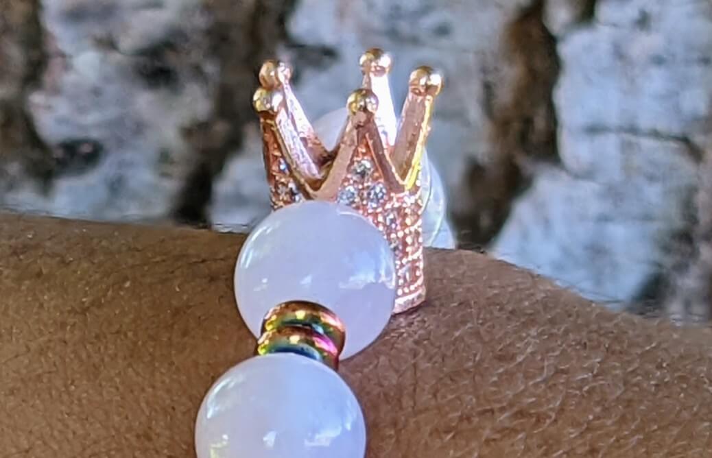 Rose Gold Zirconia Crown with Rose Quartz and Hematite Spacers