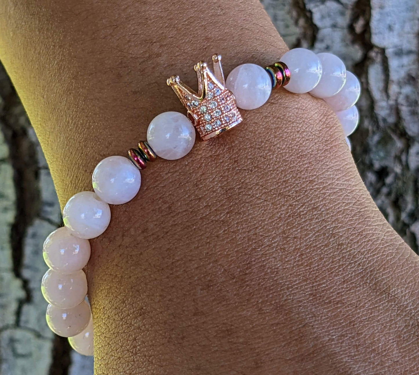 Rose Gold Zirconia Crown with Rose Quartz and Hematite Spacers