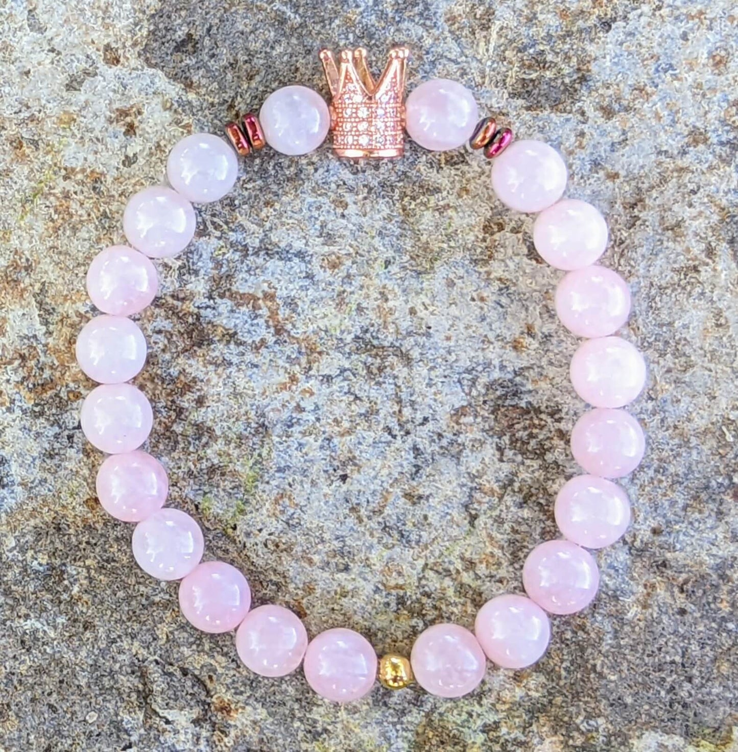 Rose Gold Zirconia Crown with Rose Quartz and Hematite Spacers