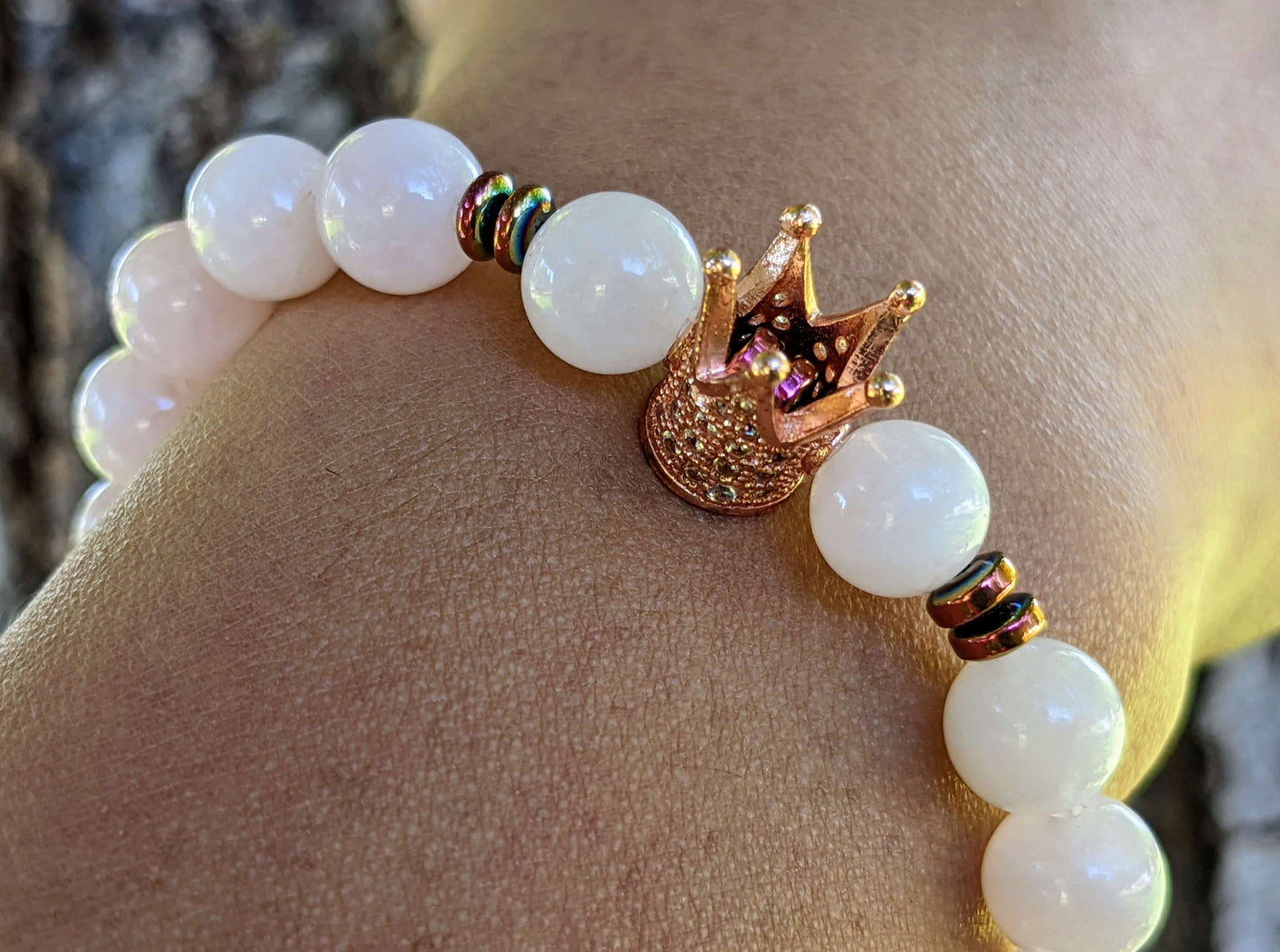 Rose Gold Zirconia Crown with Rose Quartz and Hematite Spacers