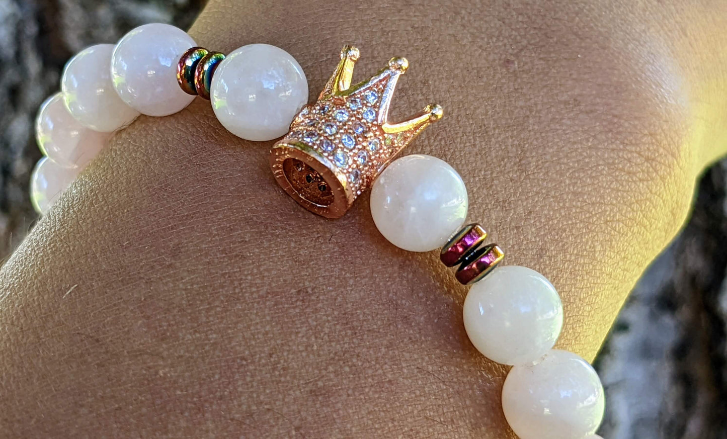 Rose Gold Zirconia Crown with Rose Quartz and Hematite Spacers