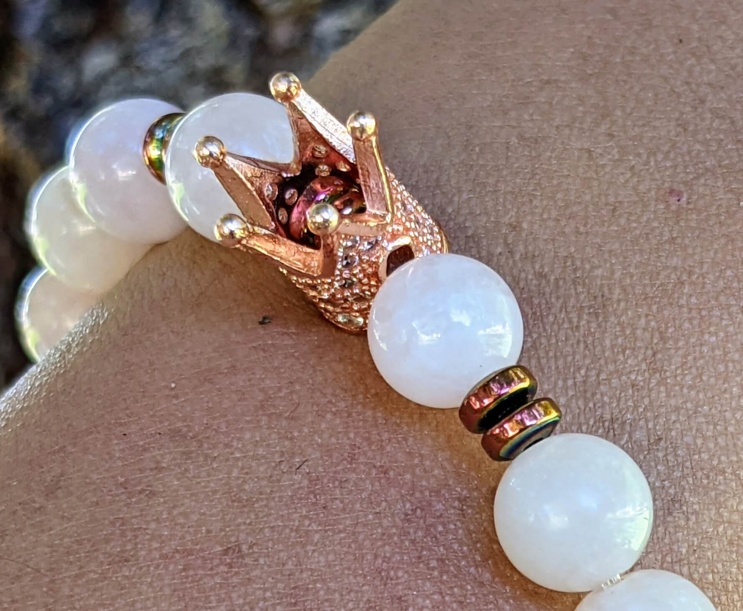 Rose Gold Zirconia Crown with Rose Quartz and Hematite Spacers