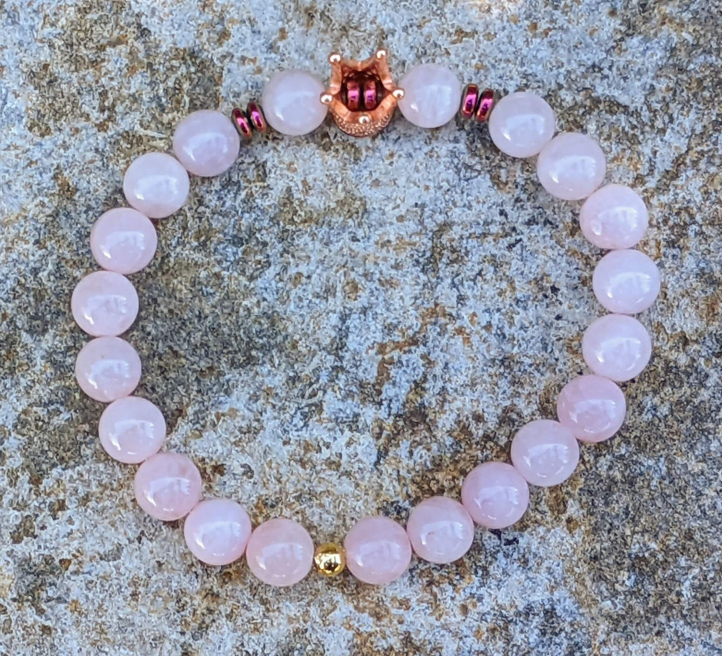 Rose Gold Zirconia Crown with Rose Quartz and Hematite Spacers