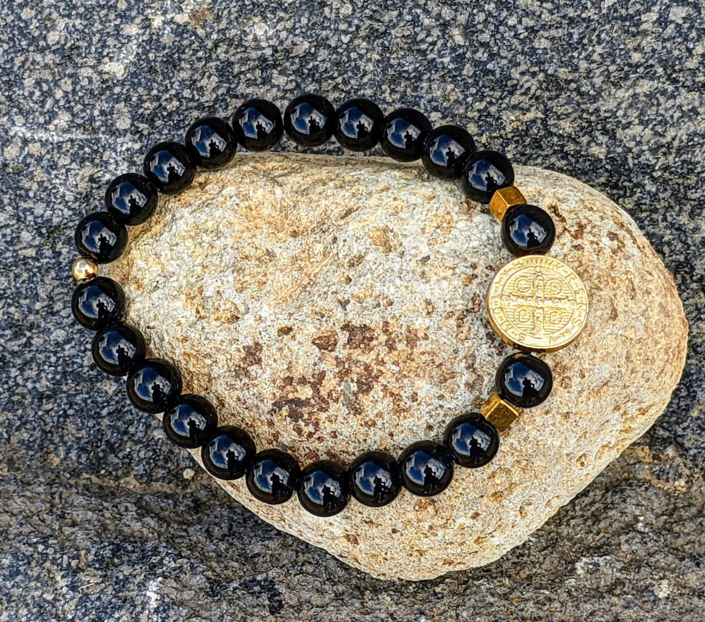 Black Onyx Polished (8mm Bead Size) with Large Saint Benedict