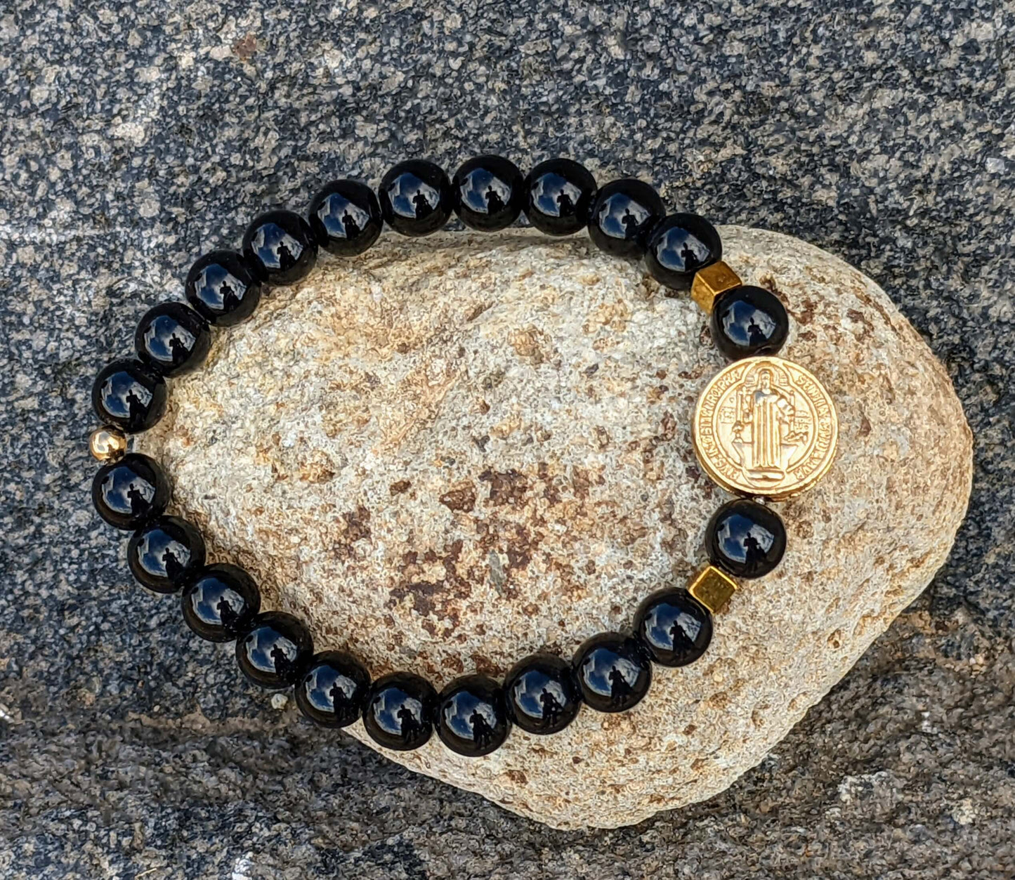 Black Onyx Polished (8mm Bead Size) with Large Saint Benedict