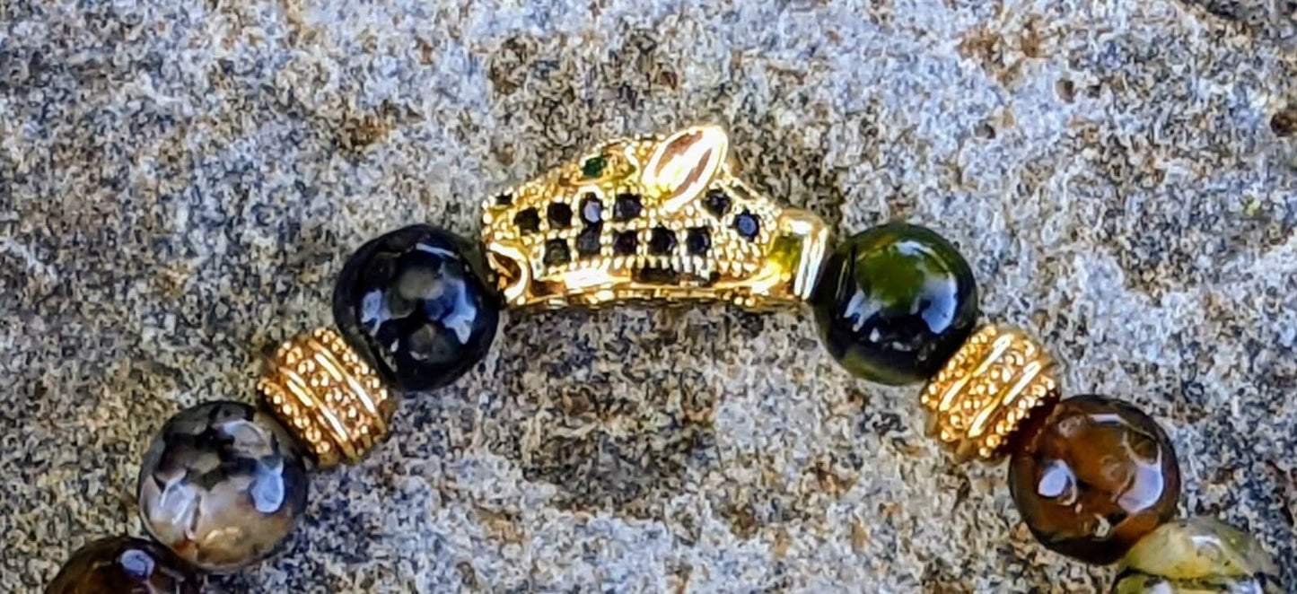 Gold Jaguar with Black, White, Mustard Yellow Agate and Gold Plated Spacers