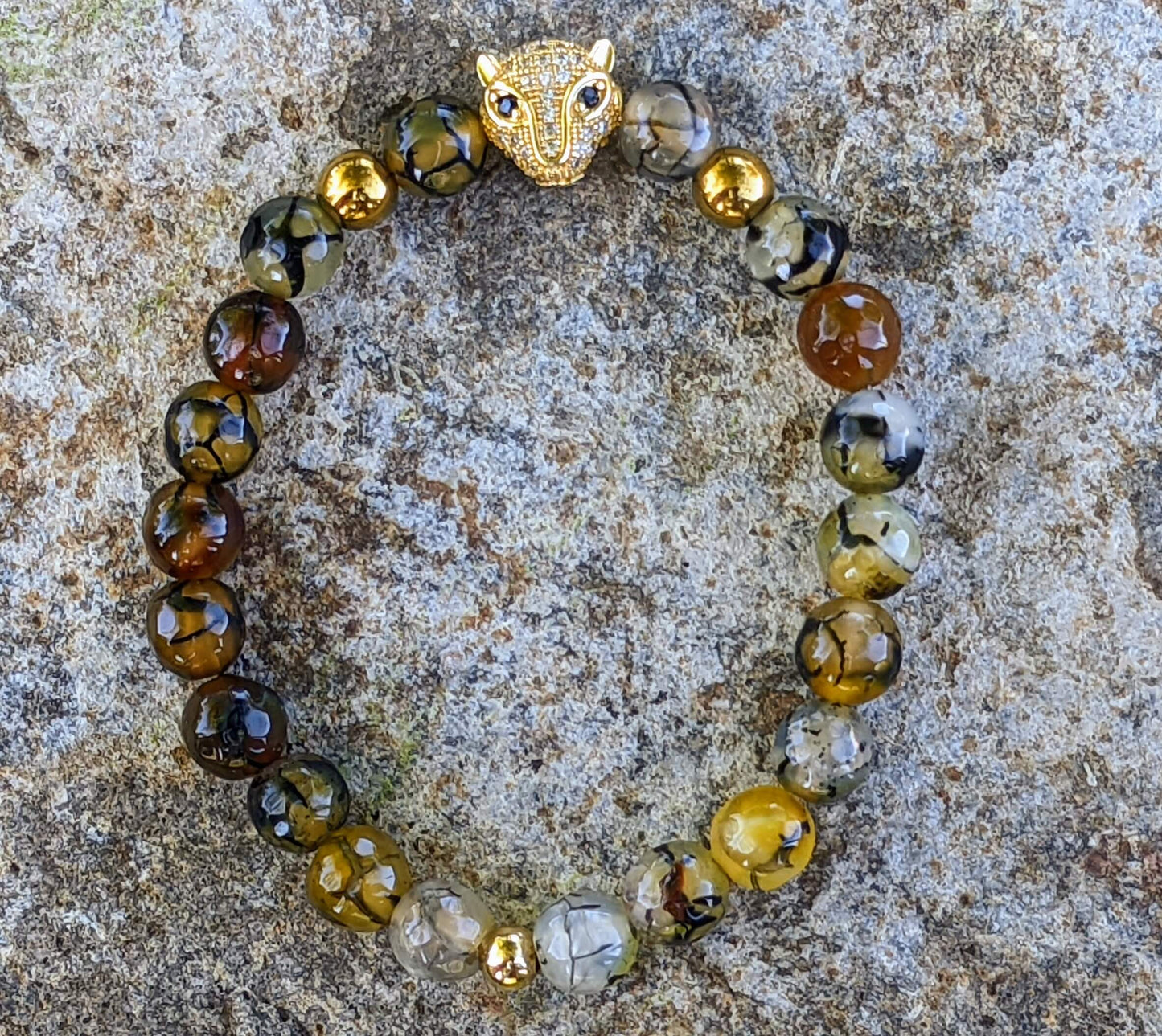 Gold Puma with Black, White, Mustard Yellow Agate and Golden Hematite Spacers