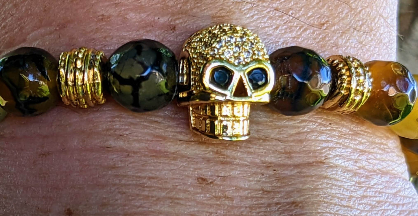 Gold Skull with Black, Yellow and White Agate