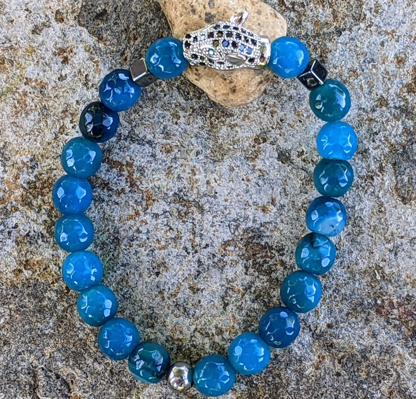 Silver Jaguar with Blue Agate and Hematite Spacers