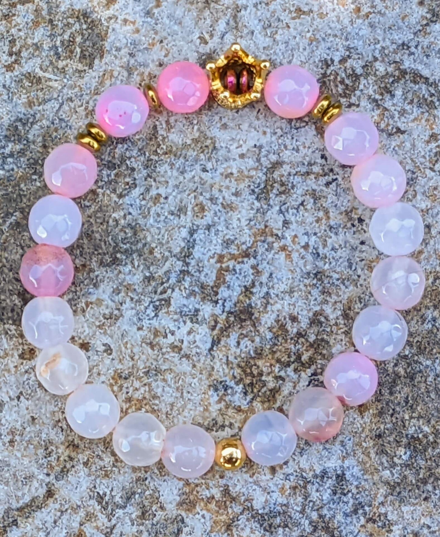 Gold Zirconia Crown with Light Pink Agate and Hematite Spacers