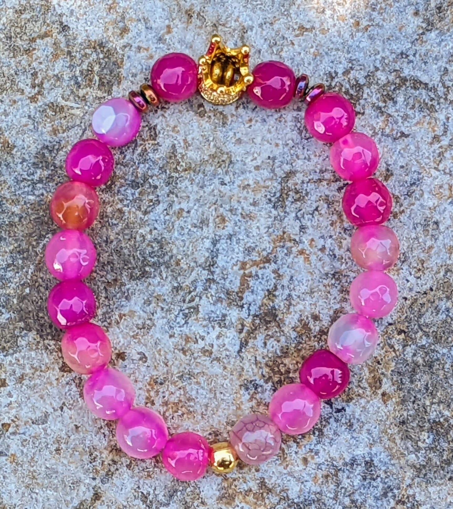 Gold Zirconia Crown with Dark Pink Agate and Hematite Spacers