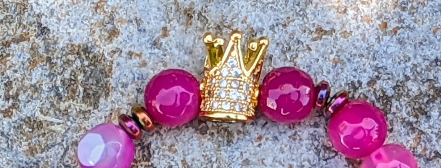 Gold Zirconia Crown with Dark Pink Agate and Hematite Spacers