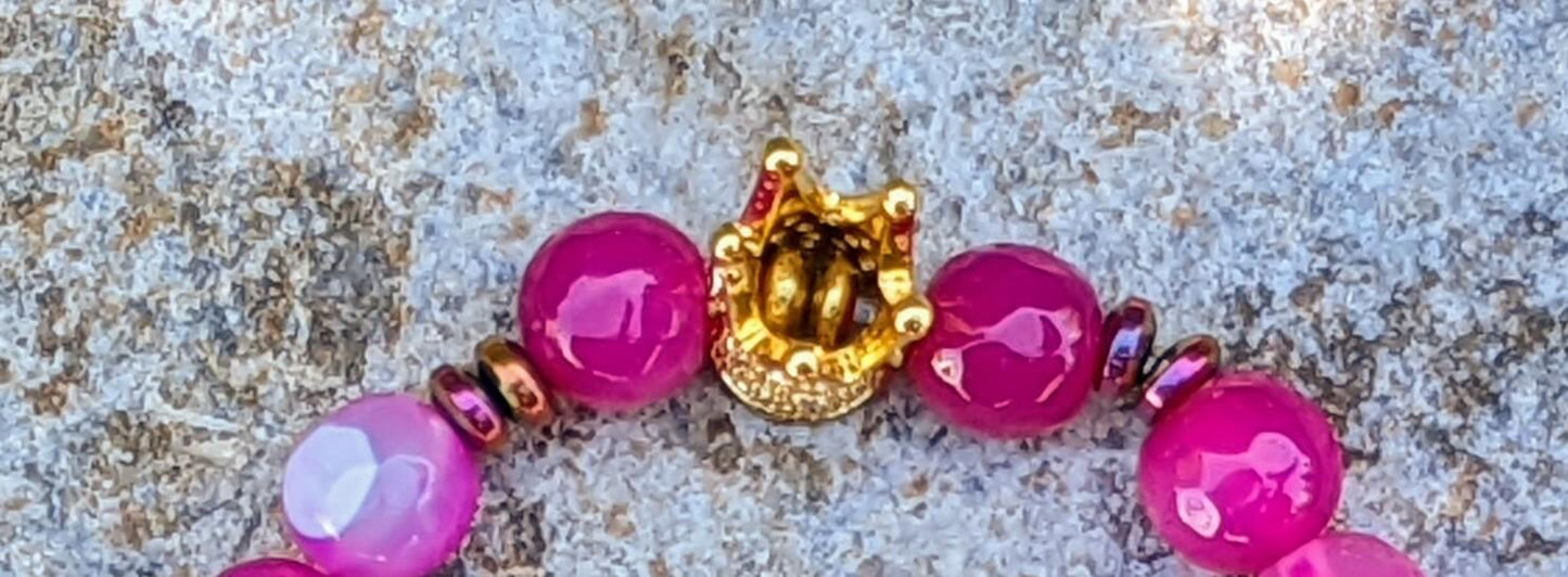 Gold Zirconia Crown with Dark Pink Agate and Hematite Spacers