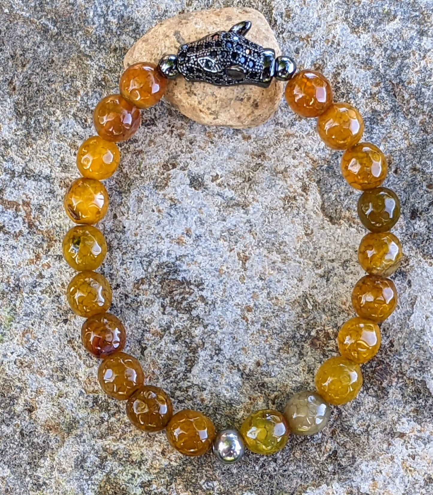 Black Jaguar with Mustard Yellow Agate and Hematite Spacers