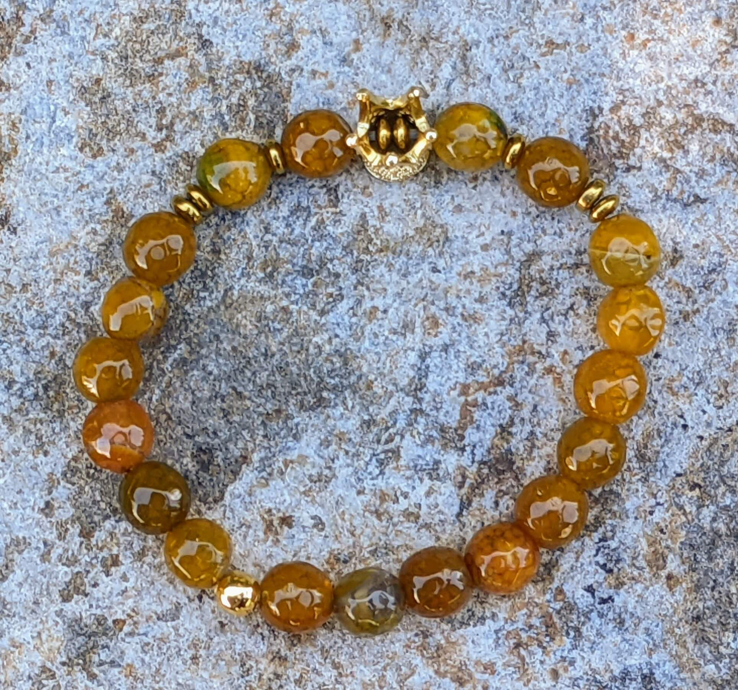 Gold Zirconia Crown with Mustard Yellow Agate with Hematite Spacers