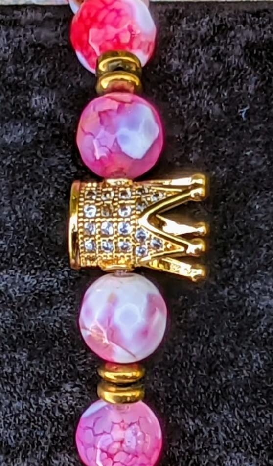 Gold Zirconia Crown with Pink and White Agate with Hematite Spacers