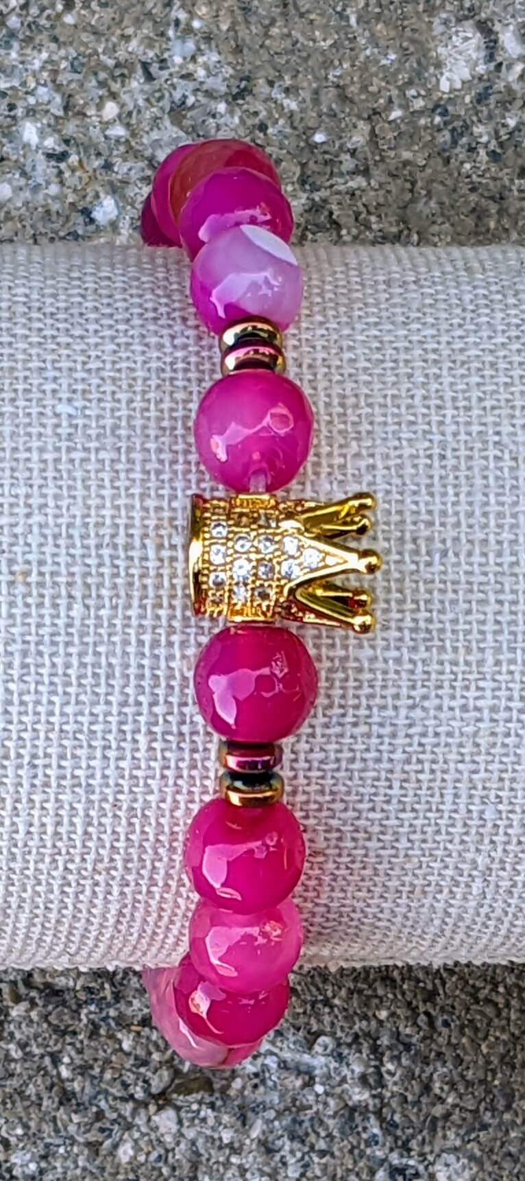Gold Zirconia Crown with Dark Pink Agate and Hematite Spacers