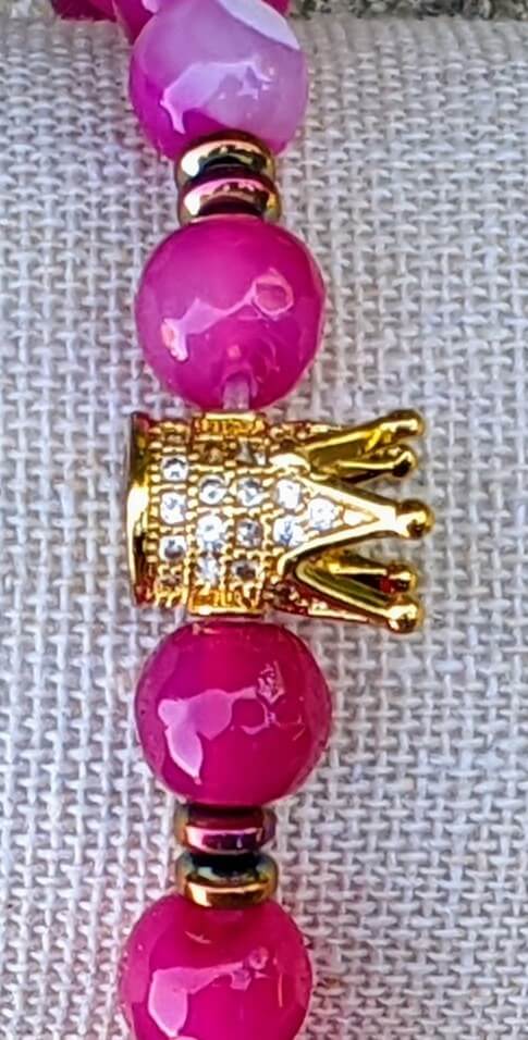 Gold Zirconia Crown with Dark Pink Agate and Hematite Spacers