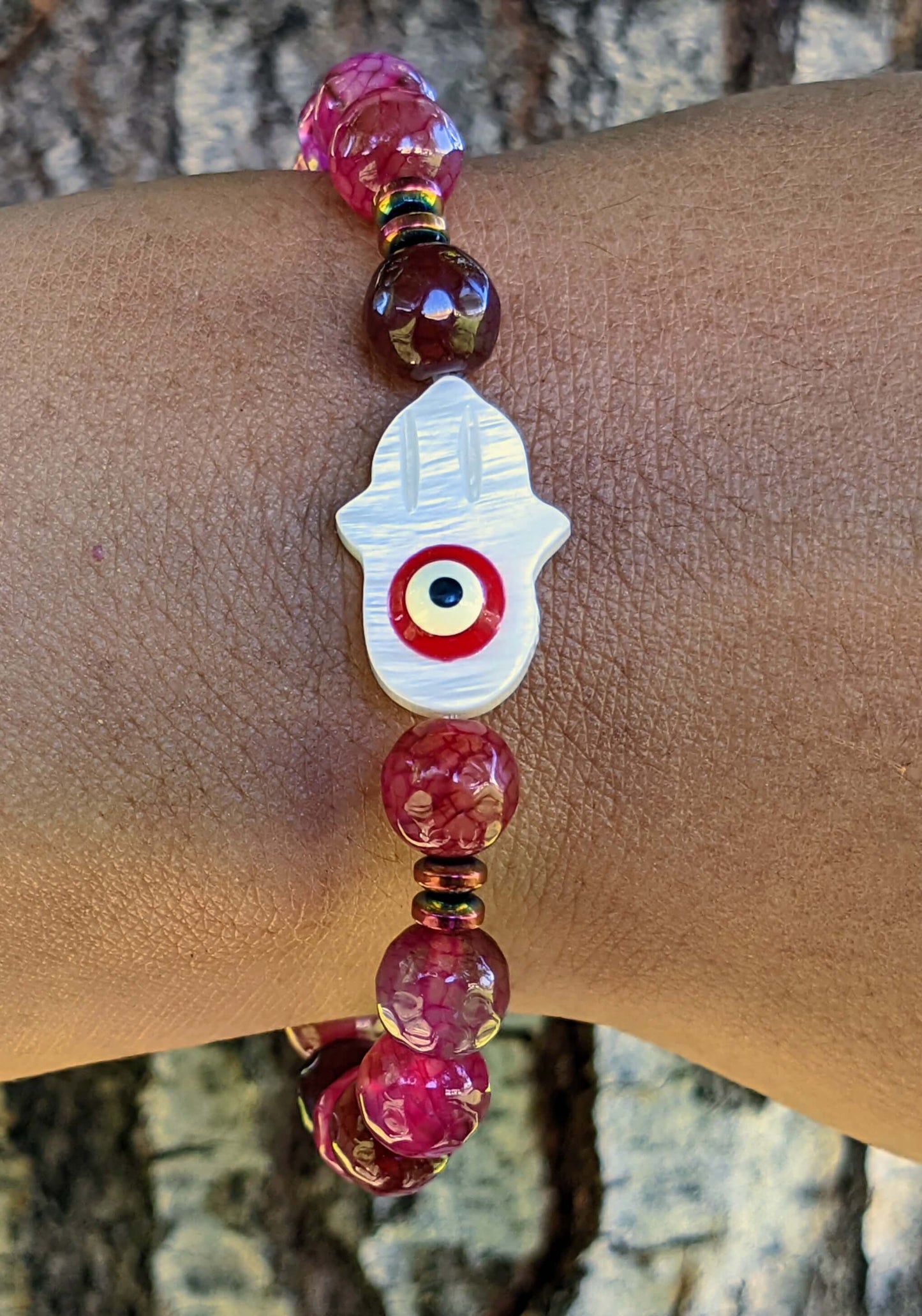 Purple Agate with Evil Eye Hand of Protection Sea Shell Bracelet