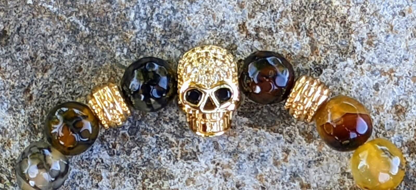 Gold Skull with Black, Yellow and White Agate