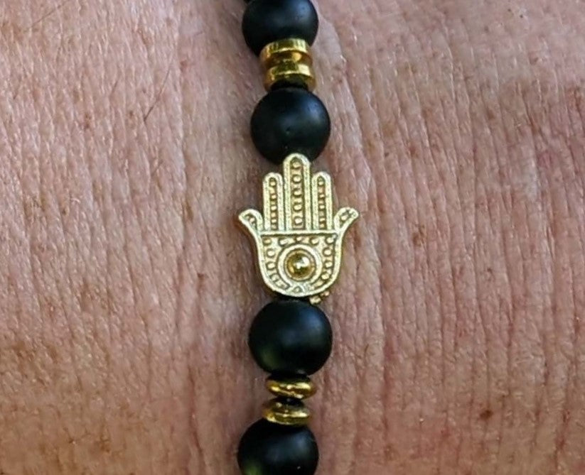 Black Onyx (6mm Bead Size) with Hamsa Hand of Protection