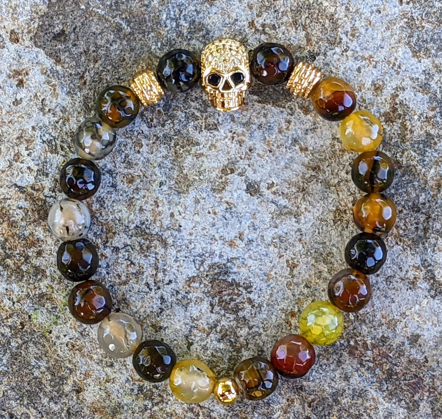 Gold Skull with Black, Yellow and White Agate