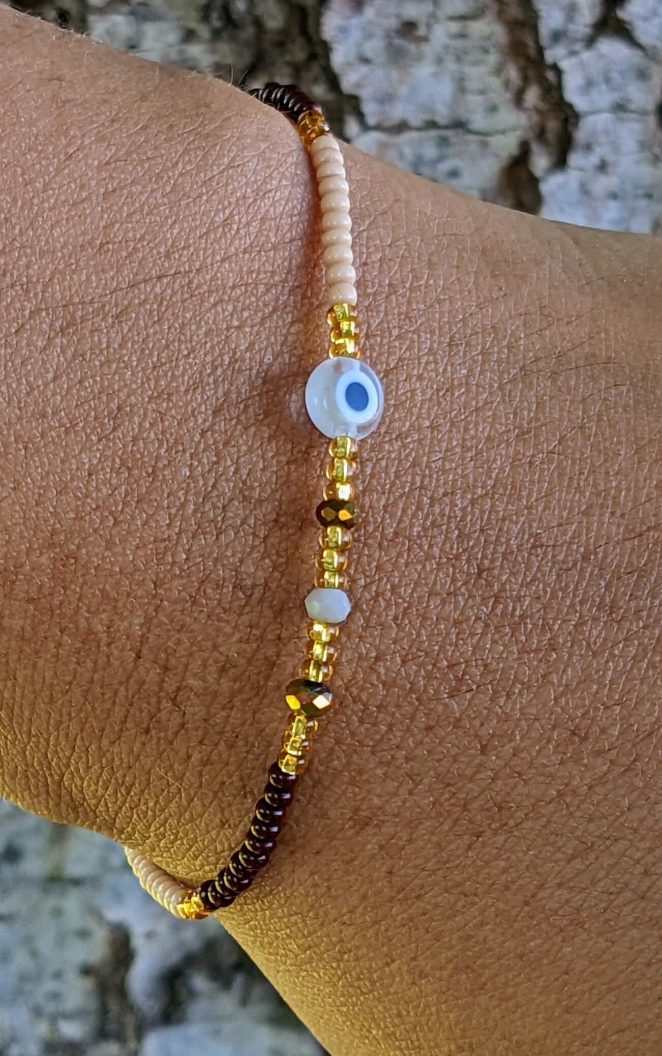 Clear & White Evil Eye (Flat) with Brown, Cream, White Chaquira Bracelet