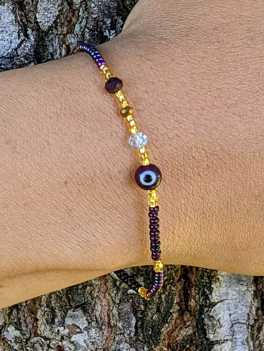 Purple Evil Eye (Round), Purple Chaquira Bracelet