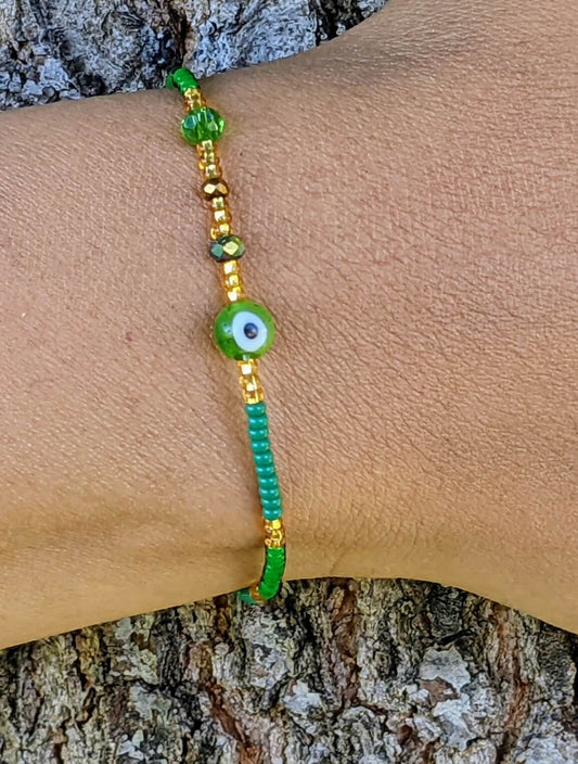 Green Evil Eye (Round) with Green Chaquira Bracelet