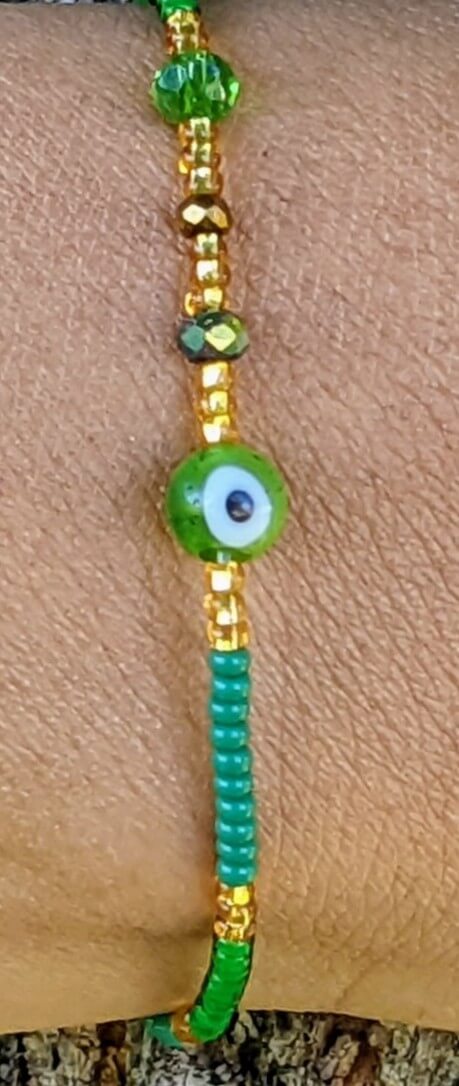 Green Evil Eye (Round) with Green Chaquira Bracelet