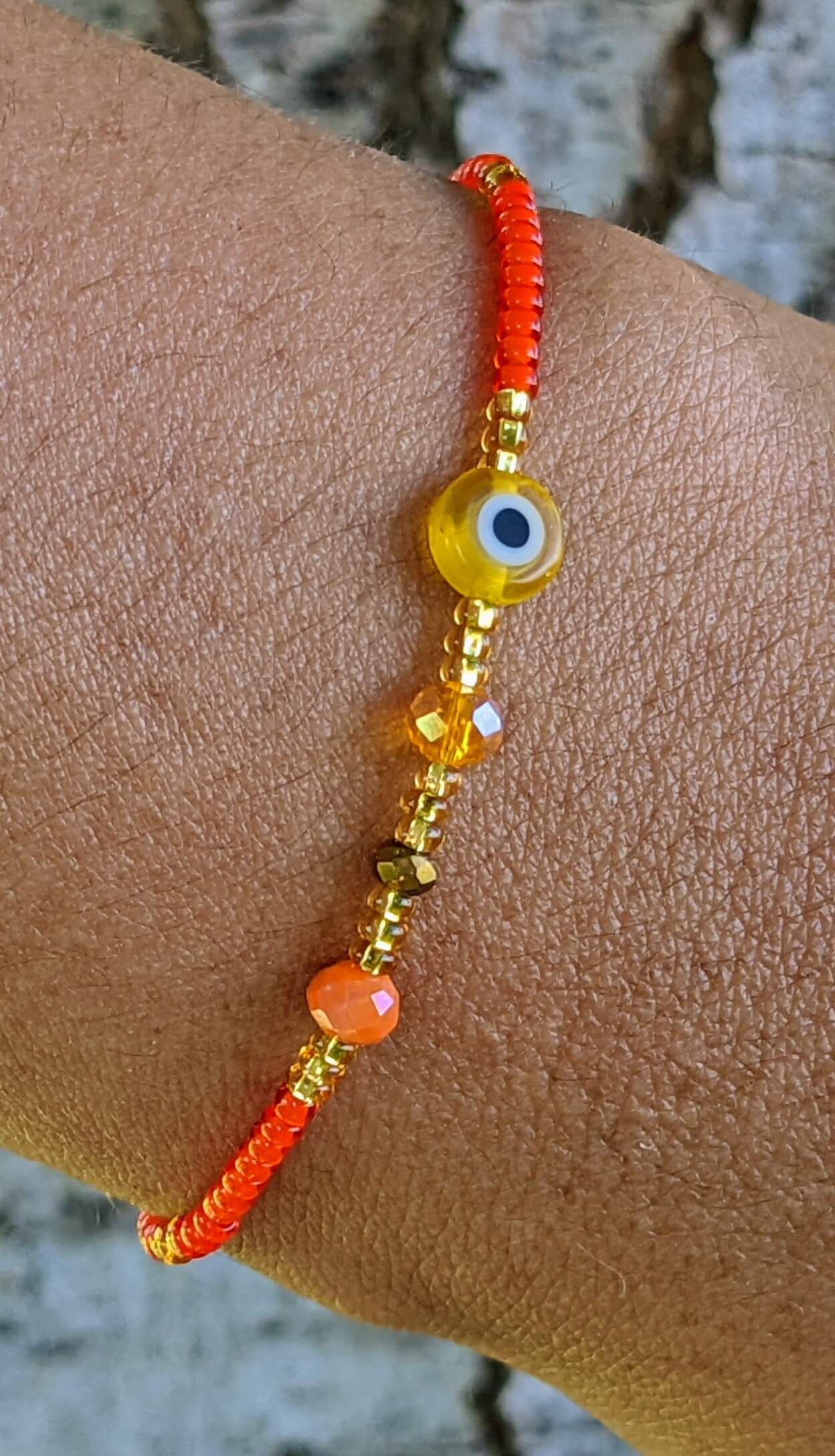 Yellow Evil Eye (Flat) with Orange Chaquira Bracelet