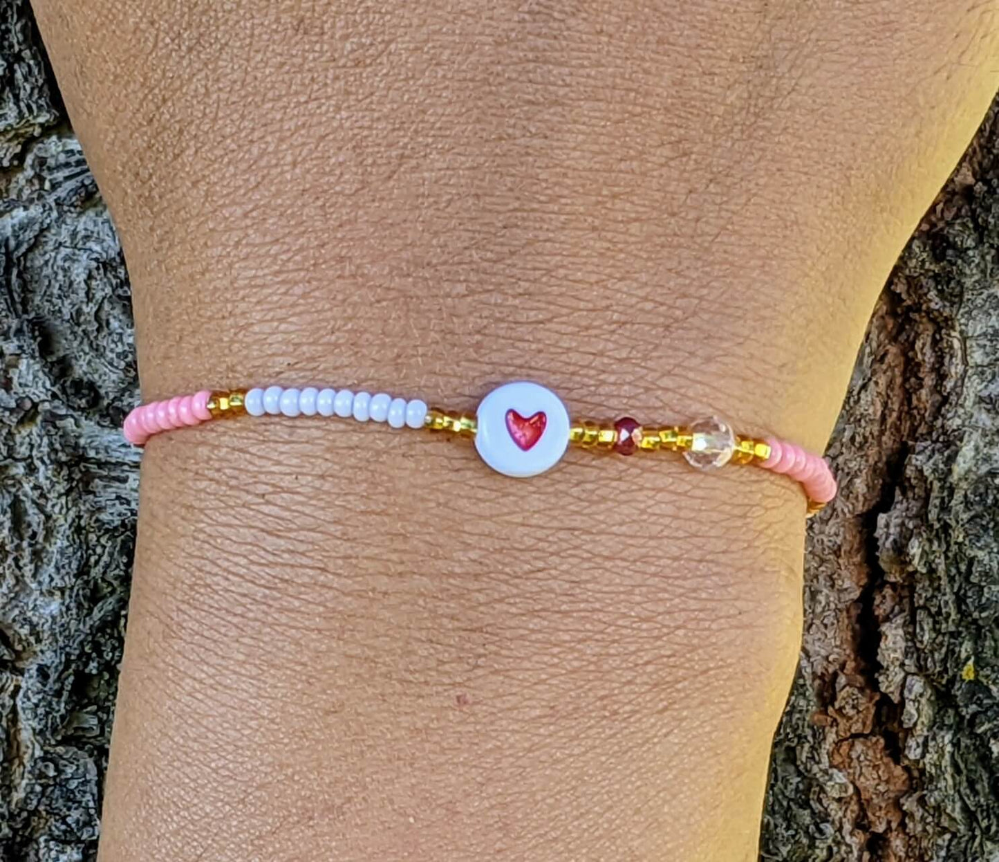 White with Red Heart (Flat) with Pink & White Chaquira Bracelet
