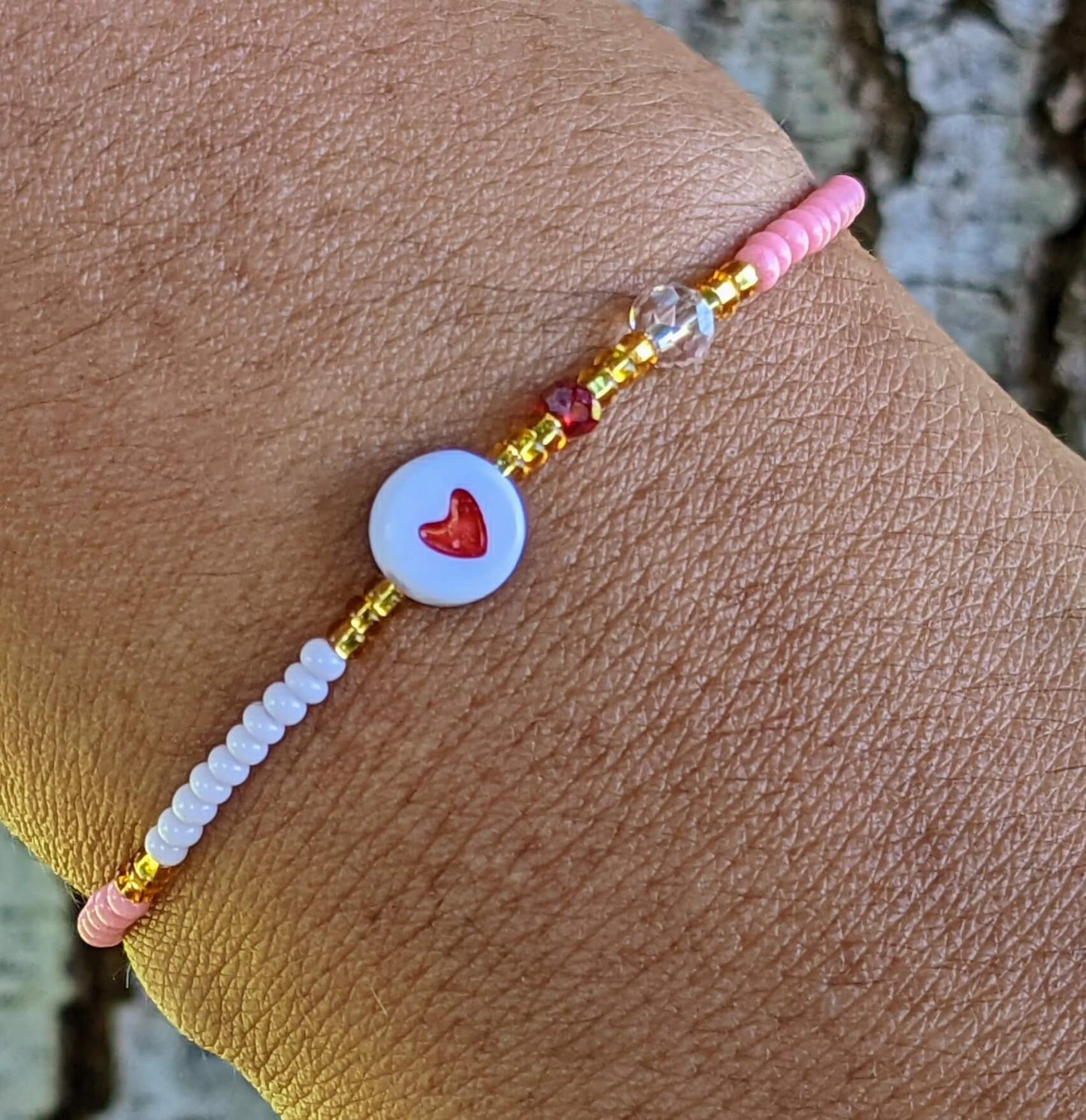 White with Red Heart with Pink & White Chaquira Bracelet