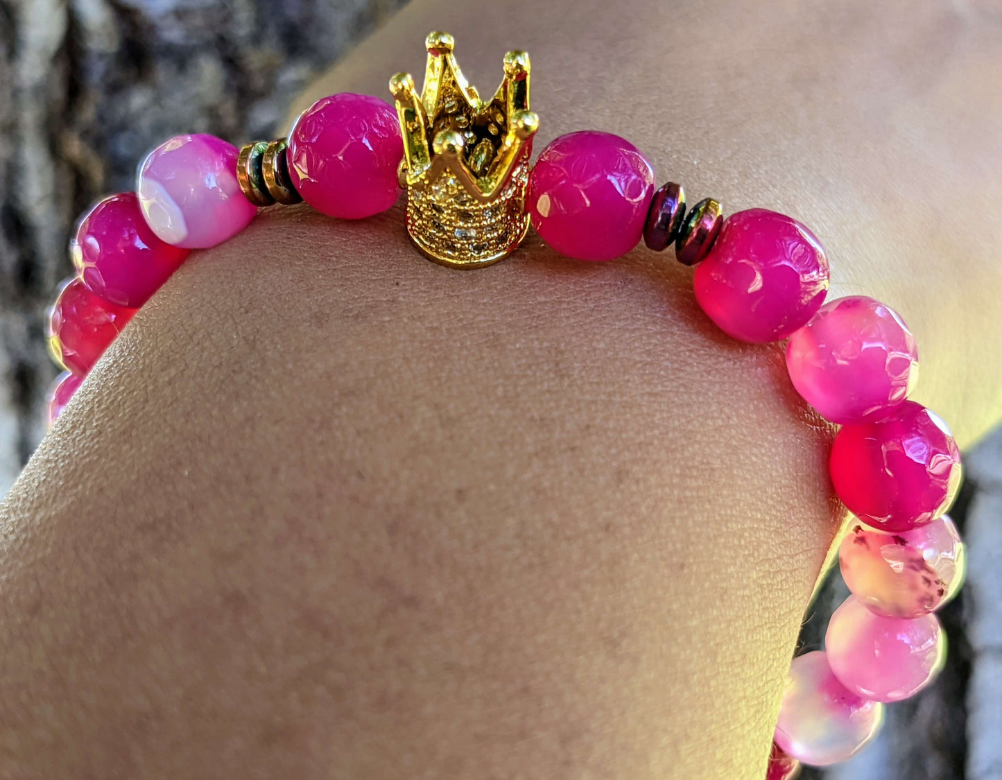 Gold Zirconia Crown with Dark Pink Agate and Hematite Spacers