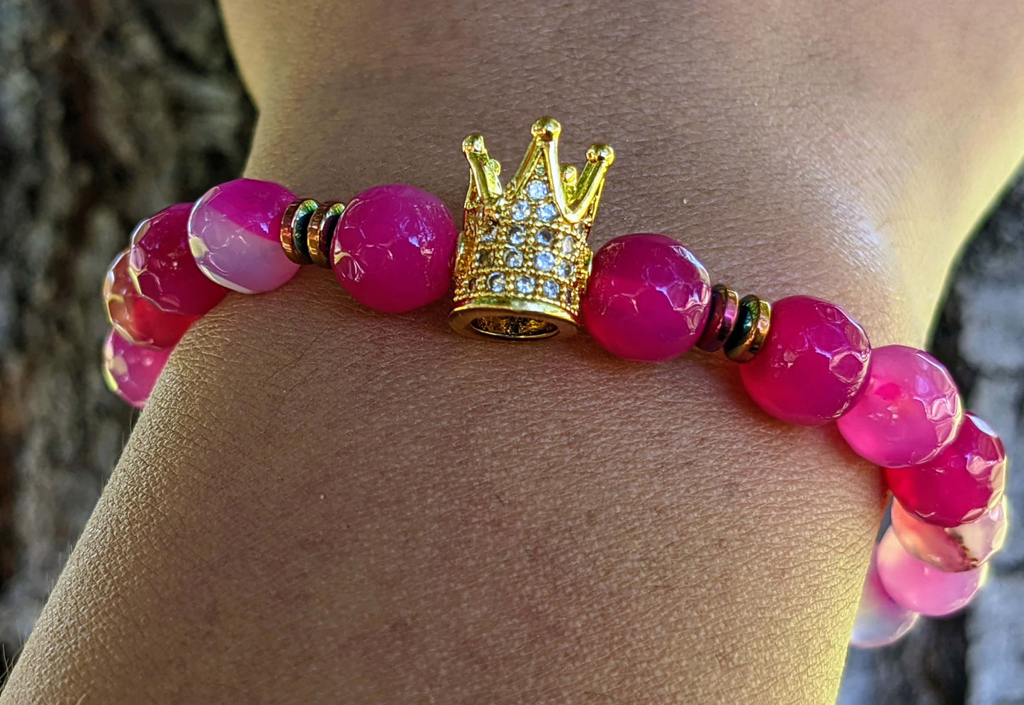 Gold Zirconia Crown with Dark Pink Agate and Hematite Spacers