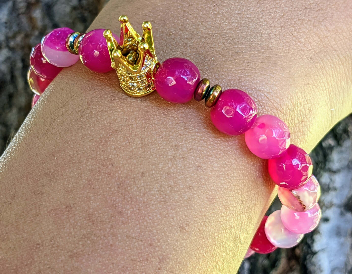 Gold Zirconia Crown with Dark Pink Agate and Hematite Spacers