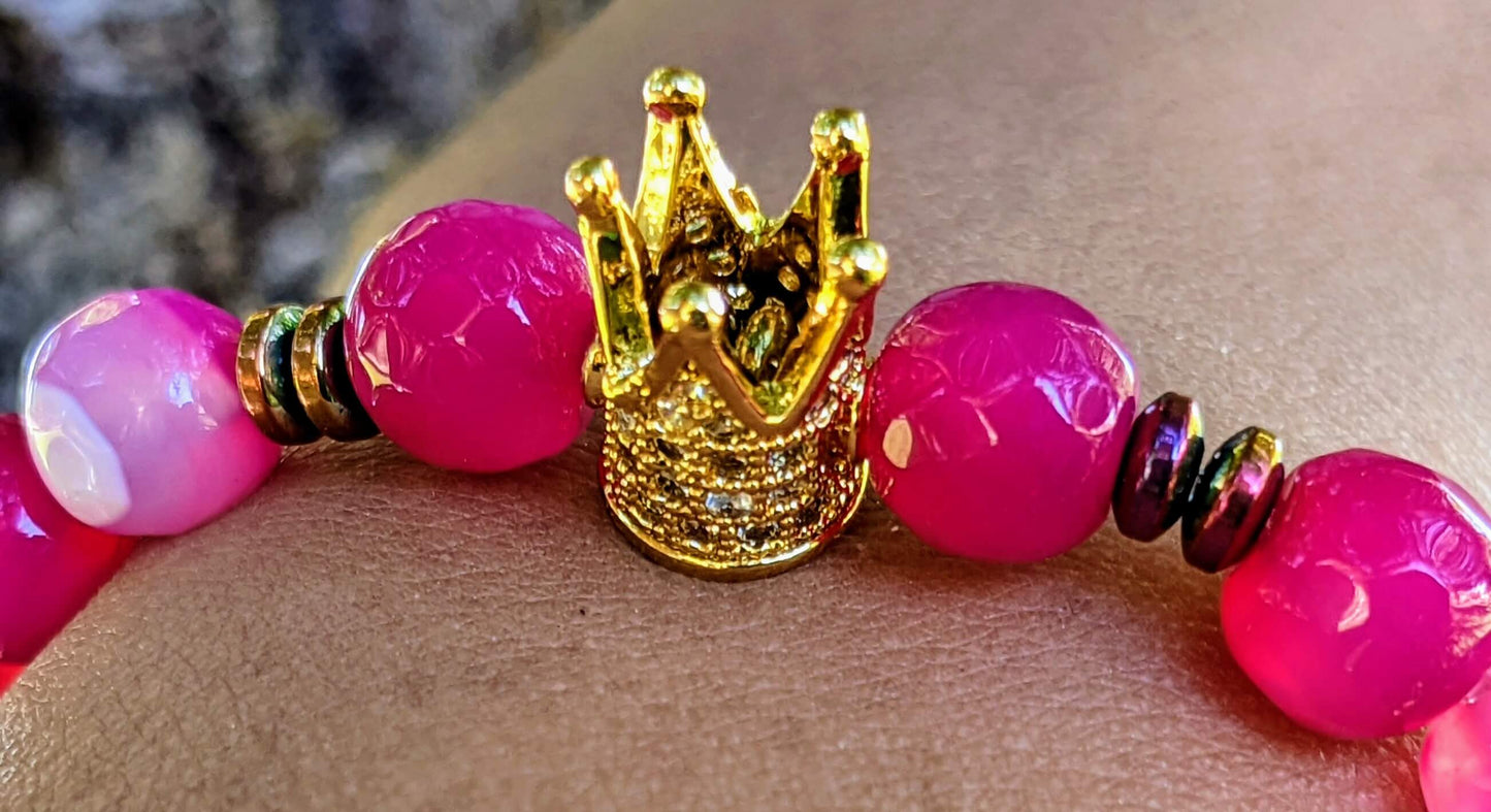 Gold Zirconia Crown with Dark Pink Agate and Hematite Spacers