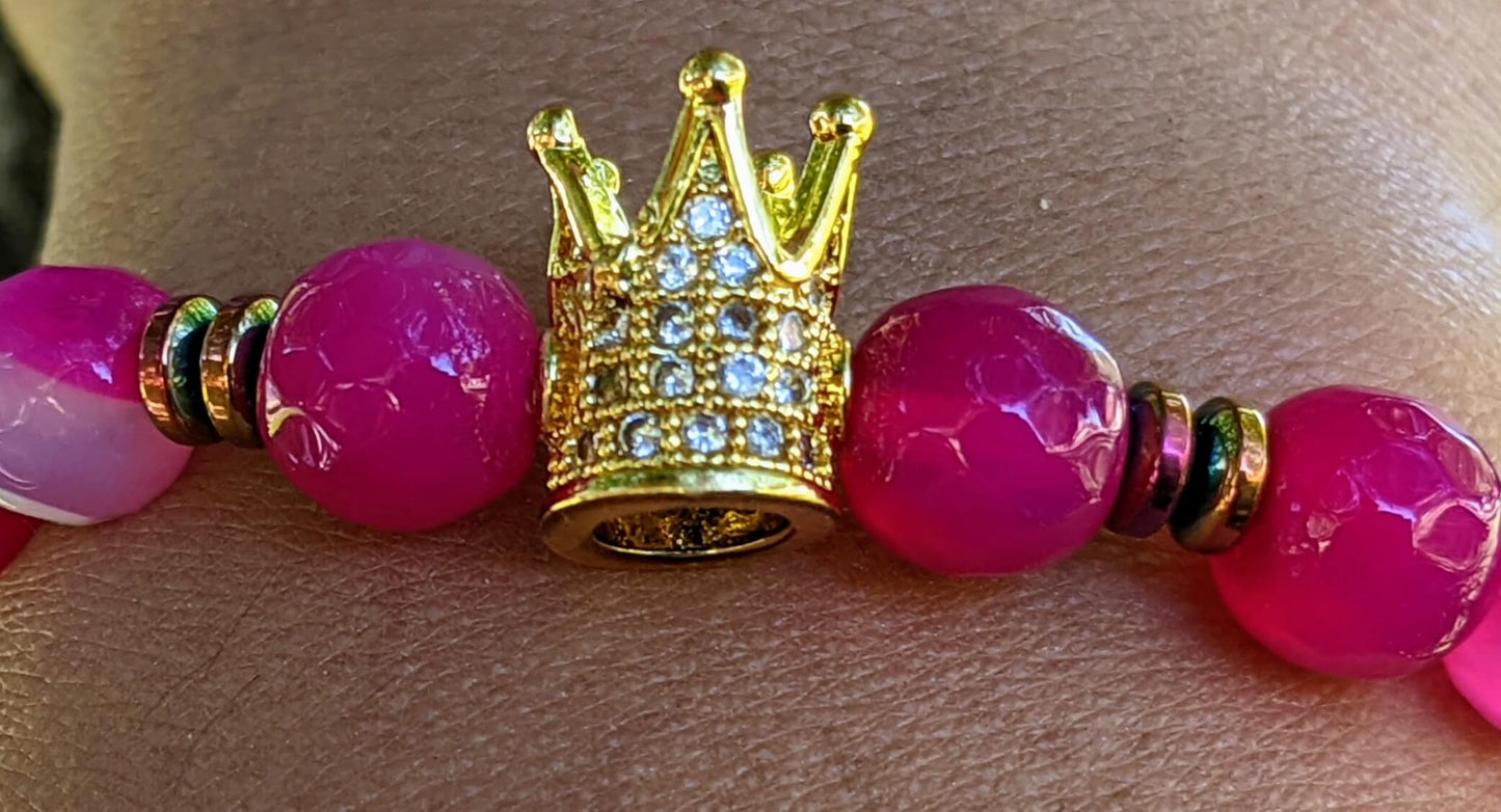 Gold Zirconia Crown with Dark Pink Agate and Hematite Spacers