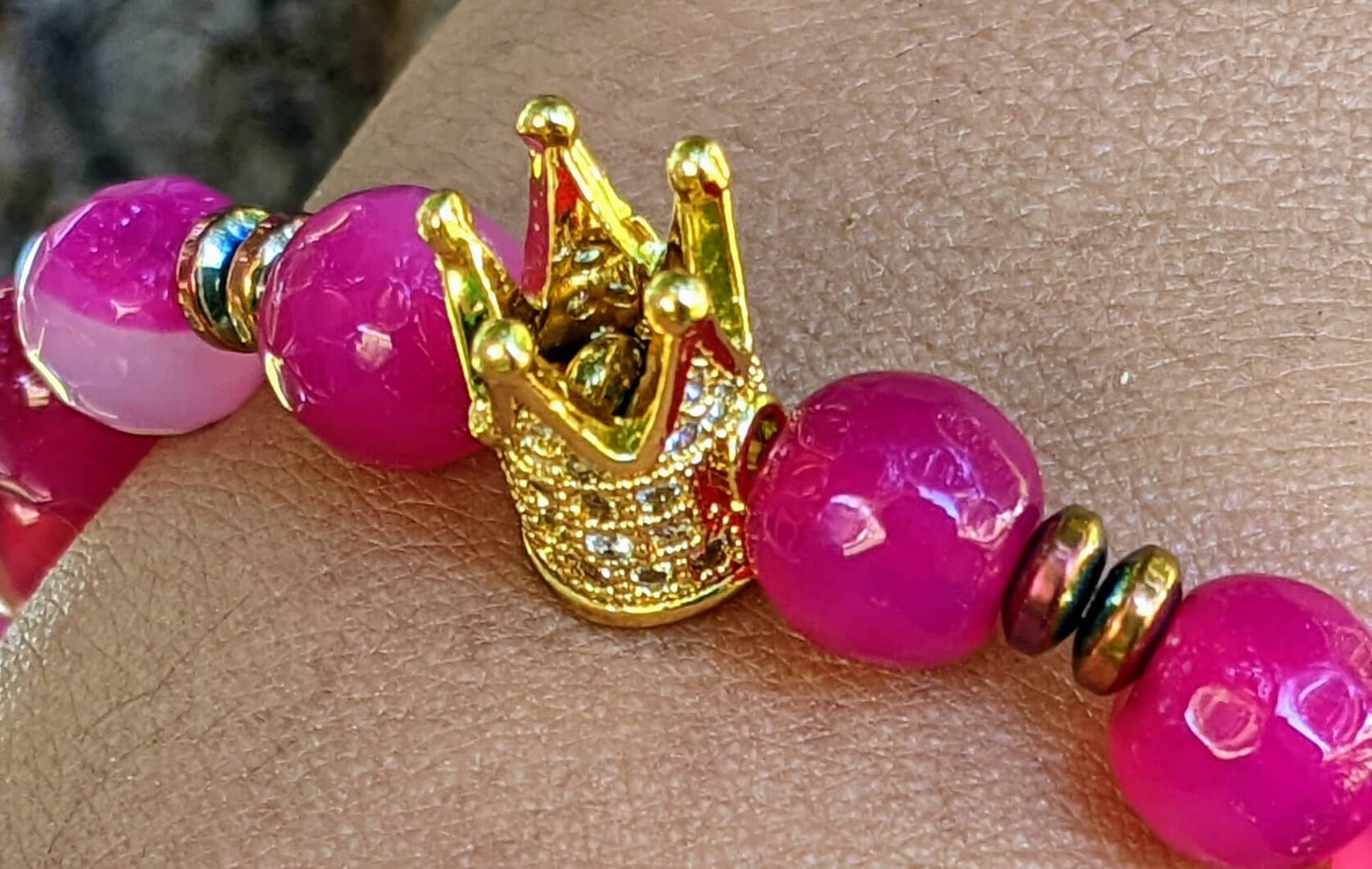 Gold Zirconia Crown with Dark Pink Agate and Hematite Spacers