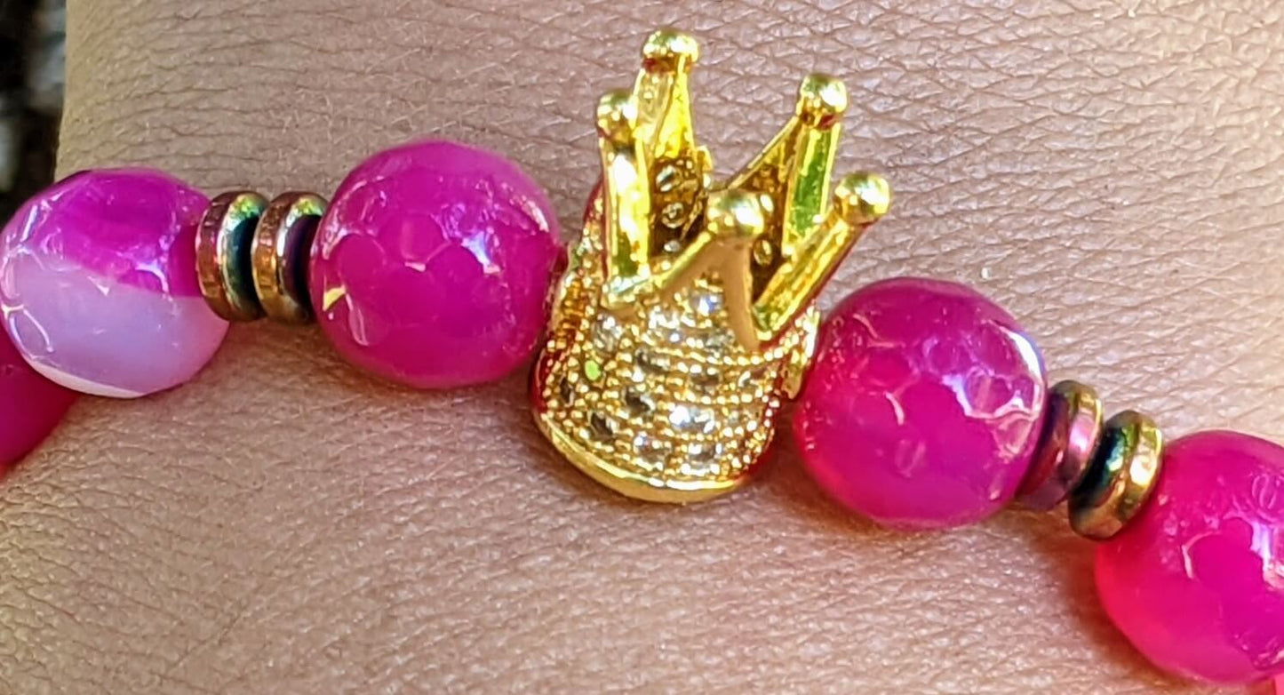 Gold Zirconia Crown with Dark Pink Agate and Hematite Spacers