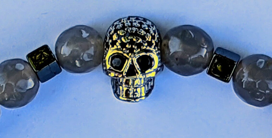 Gold Skull with Grey Agate and Hematite Spacers
