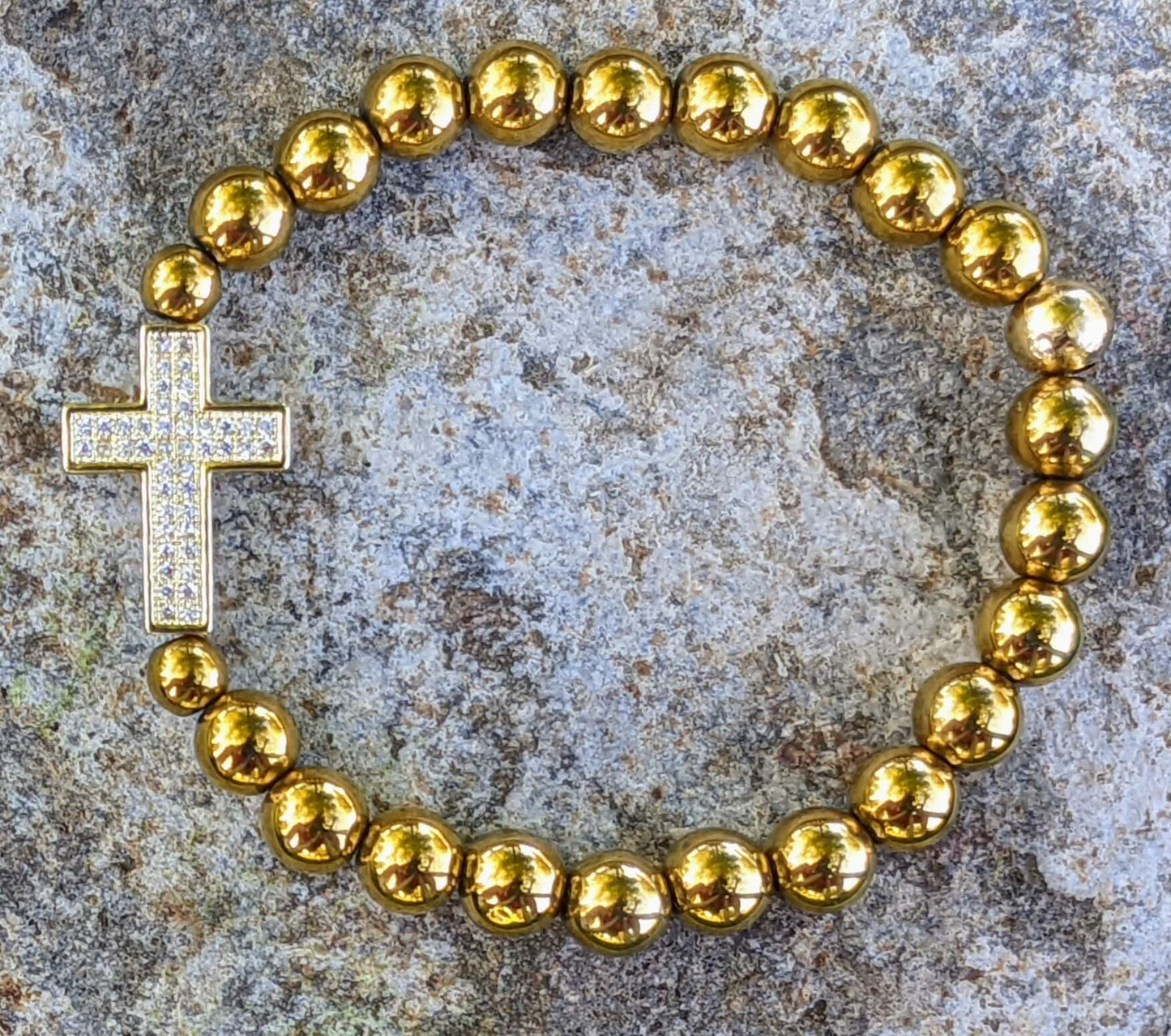 Large Cross (Gold Plated) with Electroplated Golden Hematite Beads