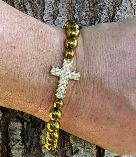 Large Cross (Gold Plated) with Electroplated Golden Hematite Beads
