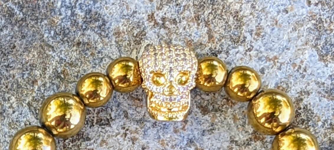 Gold Skull with Gold Electroplated Hematite