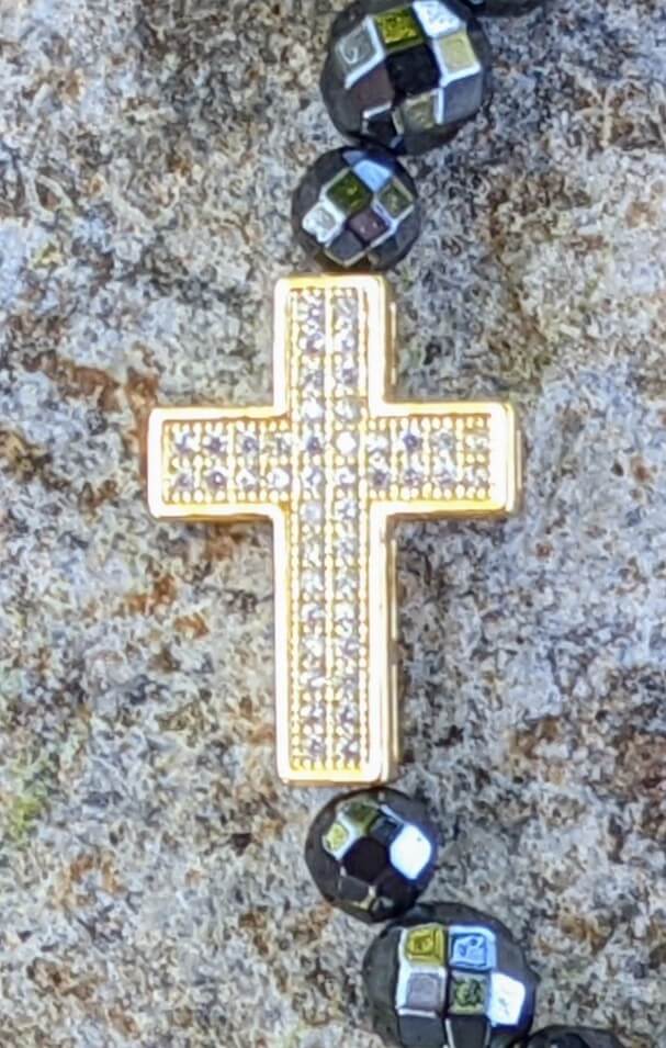 Large Cross (Gold Plated) with Natural Hematite Beads